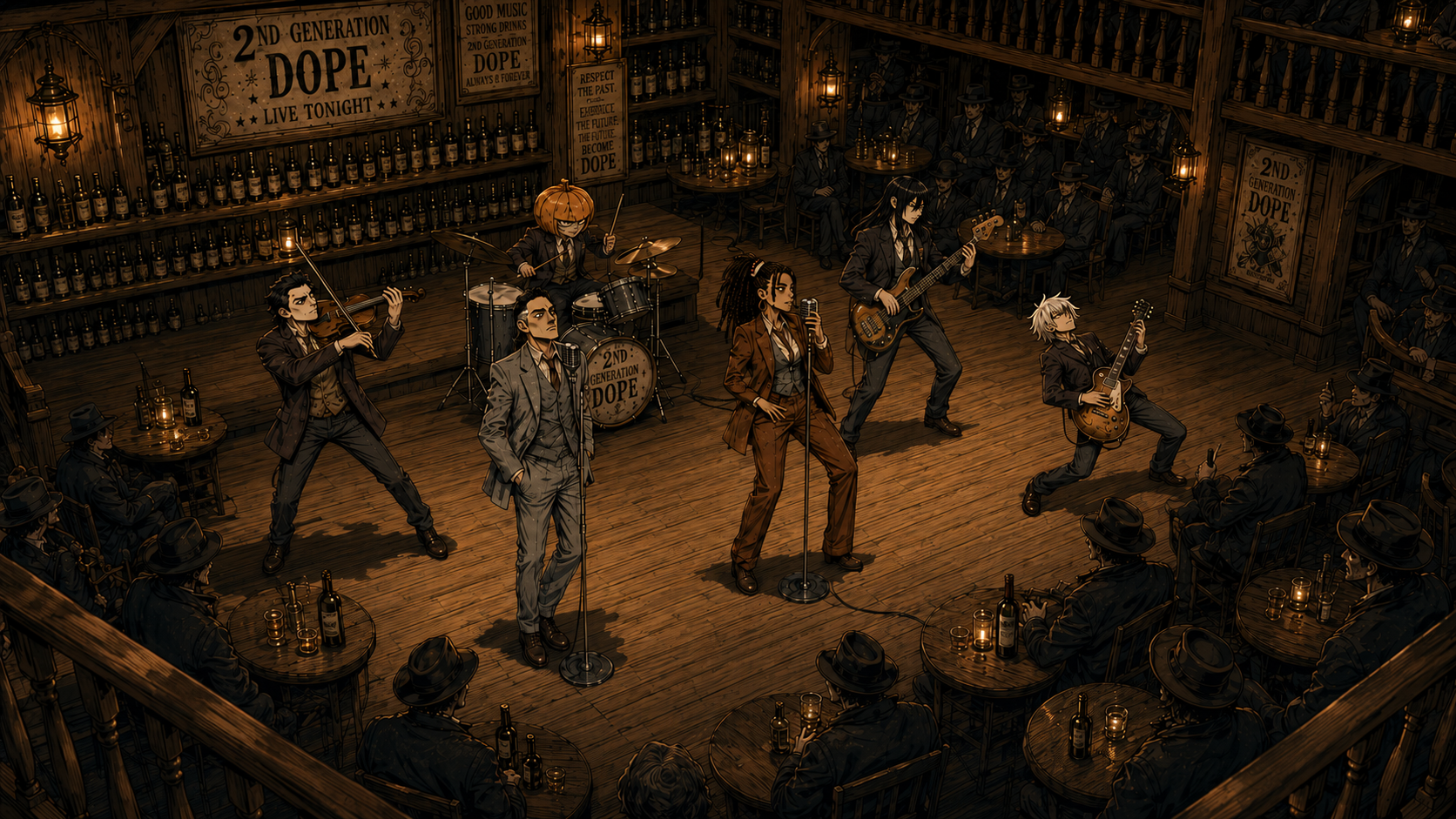 An overhead view of 2nd Generation Dope playing to a crowded saloon